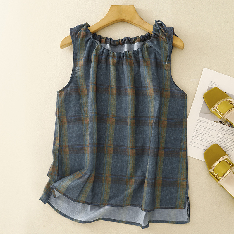 Actual Shot of 2025 New Summer Style Plaid Fashion Age-Reducing Elegant Versatile Sleeveless Shirt for Women