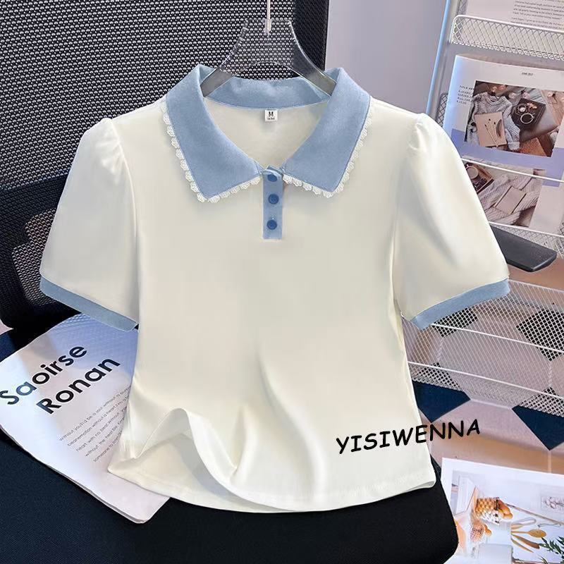 大きいサイズの女性用右肩半袖Tシャツ2025年夏新作ファットmmフェイクツーピースドールカラートップス外国風ポロシャツ|undefined