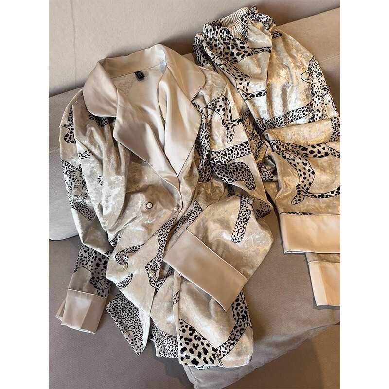 法式纯欲高级轻奢豹纹金丝绒睡衣女秋季新款加厚大码家居服套装|undefined