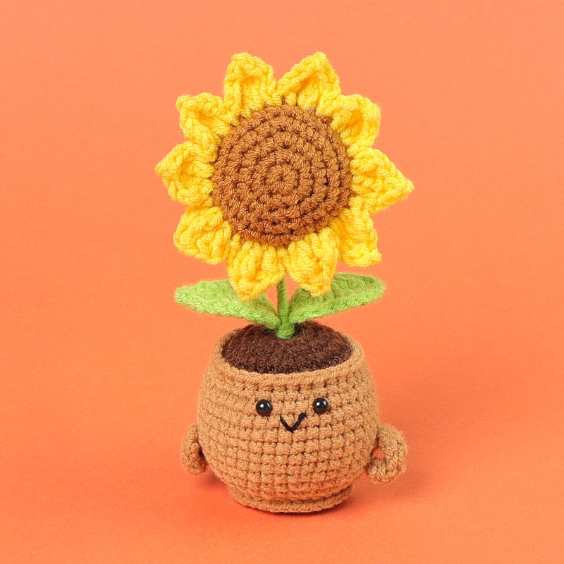 完成品手編みウールひまわり鉢植え編み込み小さな太陽永遠の造花車のデスクトップ装飾ギフト|undefined