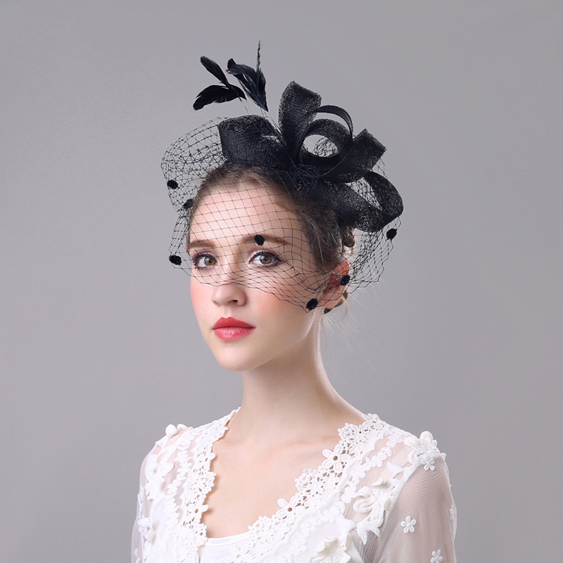 European and American Bridal Veil Hair Accessories Wedding Party Bow Hat Hairpin Horse Racing Festival Feather Face-Covering Mesh Headdress