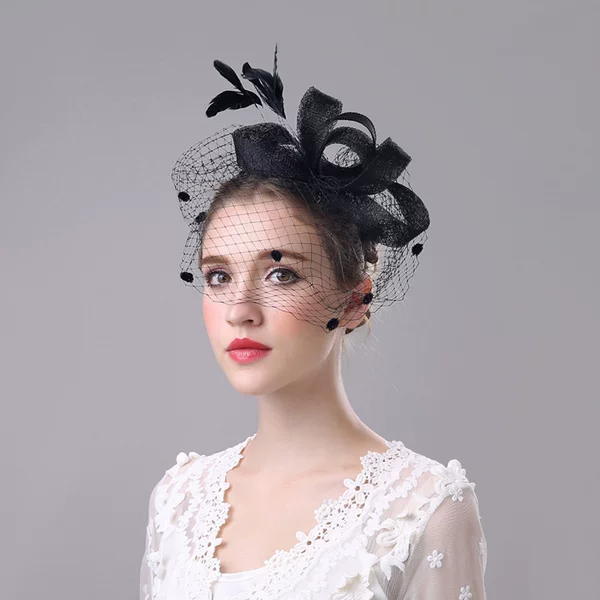 European and American Bridal Veil Hair Accessories Wedding Party Bow Hat Hairpin Horse Racing Festival Feather Face-Covering Mesh Headdress