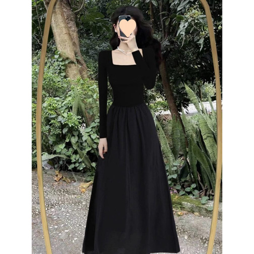 Black Tea Party French Dress Spring Women's New High-End Hepburn Style Elegant Square Collar Slimming Long Dress