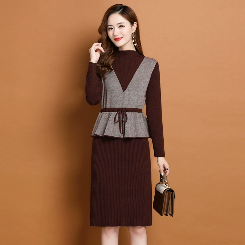 Осеннее платье для мам Платье в иностранном стиле, трикотажное платье-свитер из двух предметов для женщин среднего возраста, вязаная базовая юбка для женщин среднего и старого возраста