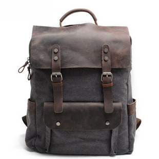 Muchuan Vintage Canvas Backpack Neutral College Style Schoolbag Cotton Canvas Top-Layer Crazy Horse Cowhide Schoolbag