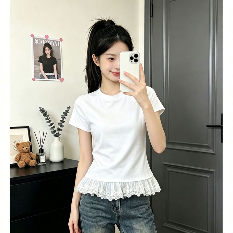 Sweet and Spicy Girl Style Lace-Trimmed Short-Sleeve T-Shirt for Women, 2026 Summer New Pure Desire Style, Regular Shoulder Short Top