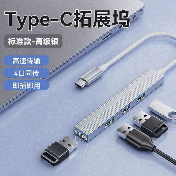 Type-C2.0 male 4-port USB female strip gray