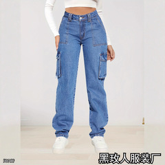 2025新款美式复古中腰多口袋工装牛仔裤女式休闲直筒裤街头辣妹