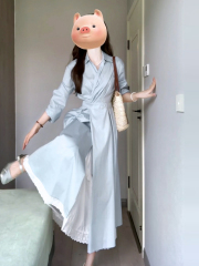 法式蓝色长袖衬衫连衣裙子女2025年新款秋季高级感气质收腰长裙