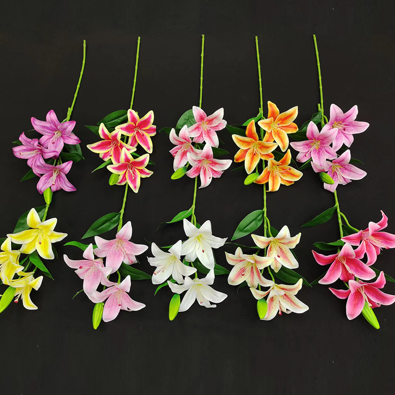 Lirio Artificial 3D mano-sensación de la película 3-cabeza artificial Lily venta al por mayor flor falsa boda arreglo floral boda casa