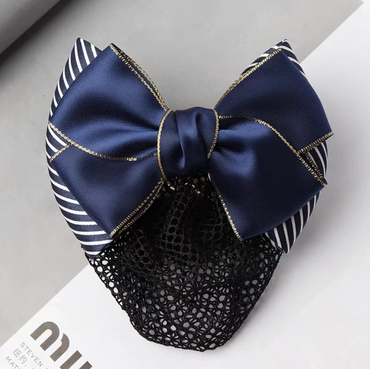 골드 엣지 스트라이프 블랙 파인 메쉬-네이비 블루