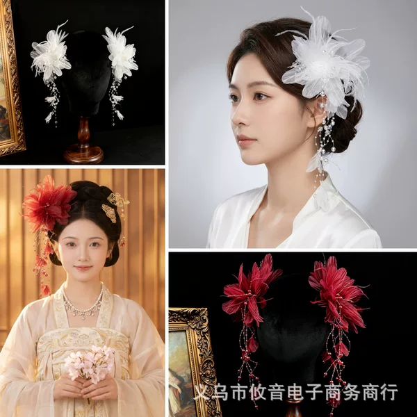 New red and white silk flower hairpin, bridal hair accessory, wedding dress accessory, Hanfu headpiece