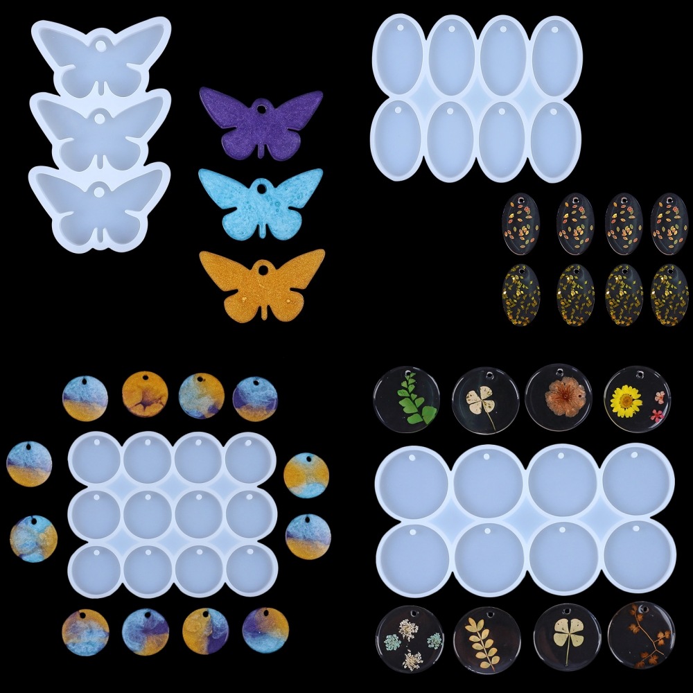 Di Cristal epoxi molde de mariposa Ronda Oval con agujero colgante pendientes bolsa colgante llavero molde de silicona