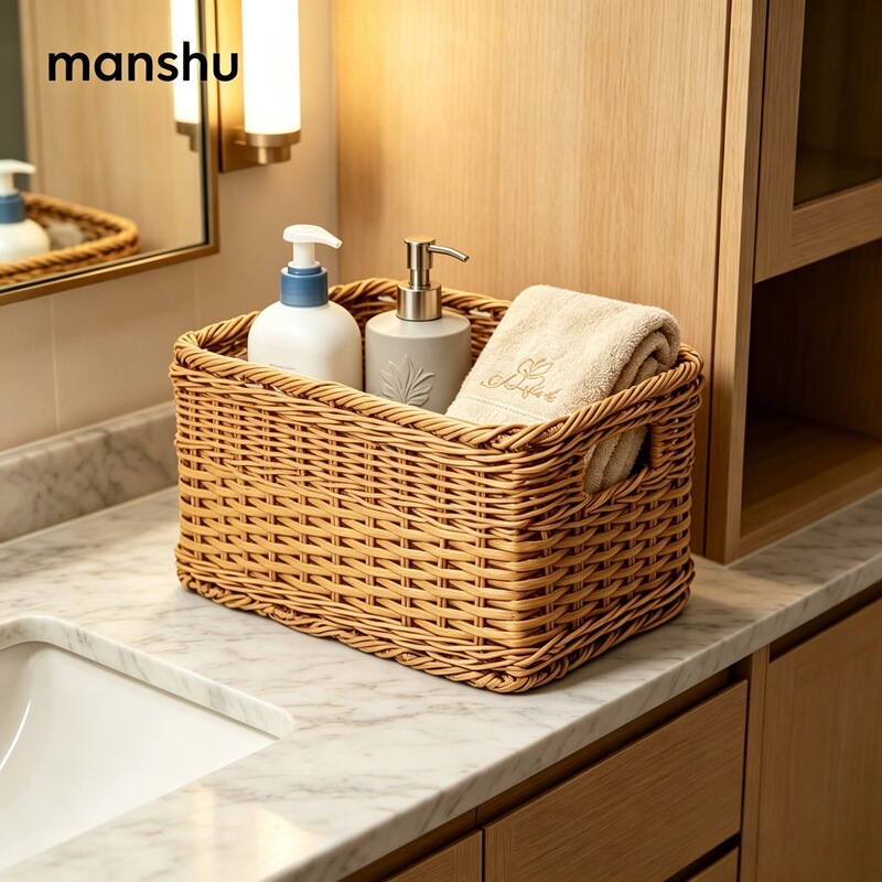 Bathroom Cabinet Storage Basket, Ikea-Style, High-End Hotel and Home Use, Hand-Woven Desktop Storage Basket, Snack and Toy Box