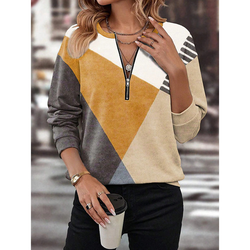 2024 New Casual Fashion Autumn/Winter Korean Style Zip Polo Collar Round Neck Contrast Color Long Sleeve Women's Top WF05