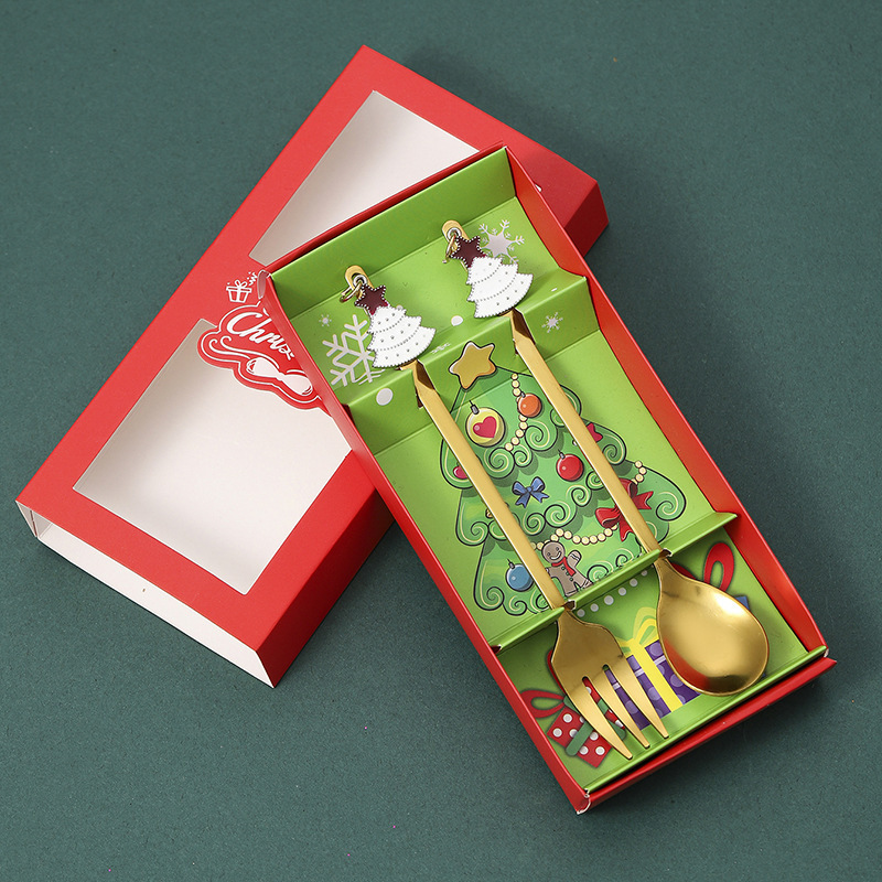 クリスマススプーンとフォーク 2 ピースステンレス鋼食器クリエイティブクリスマスペンダントデザートコーヒースプーンホリデーギフトフルーツフォーク|undefined