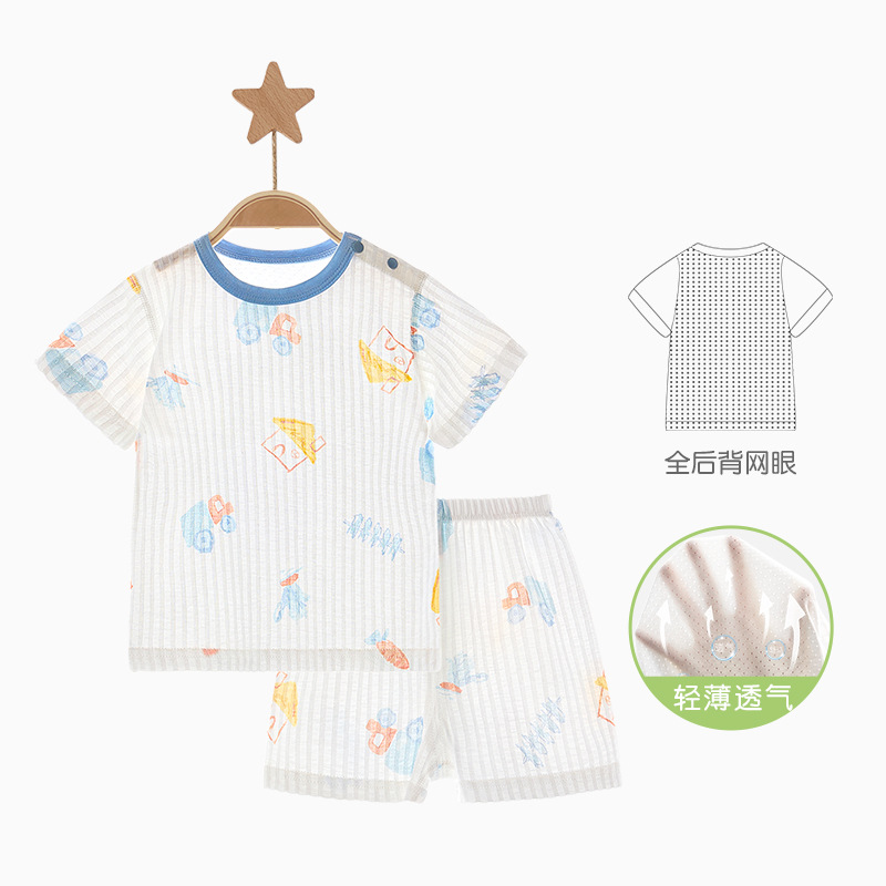 Traje de manga corta para bebé, pijama de verano para niños, conjunto de dos piezas fino y transpirable, ropa de verano para niños y niñas, ropa de bebé