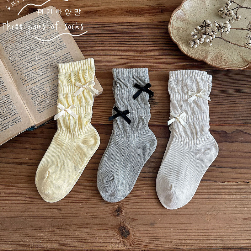Korean-Style Children's Cotton Socks for Autumn and Winter, Trendy Sweet Solid Color Versatile Bowknot Hollow-Out Stacked Long Socks for Girls