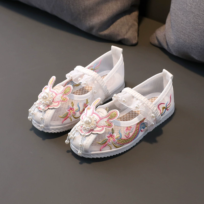 Летние детские вышитые туфли 2025 года, сетчатые туфли для девочек, туфли в стиле ханьфу, детские костюмные туфли для выступлений, туфли из сетчатой ткани