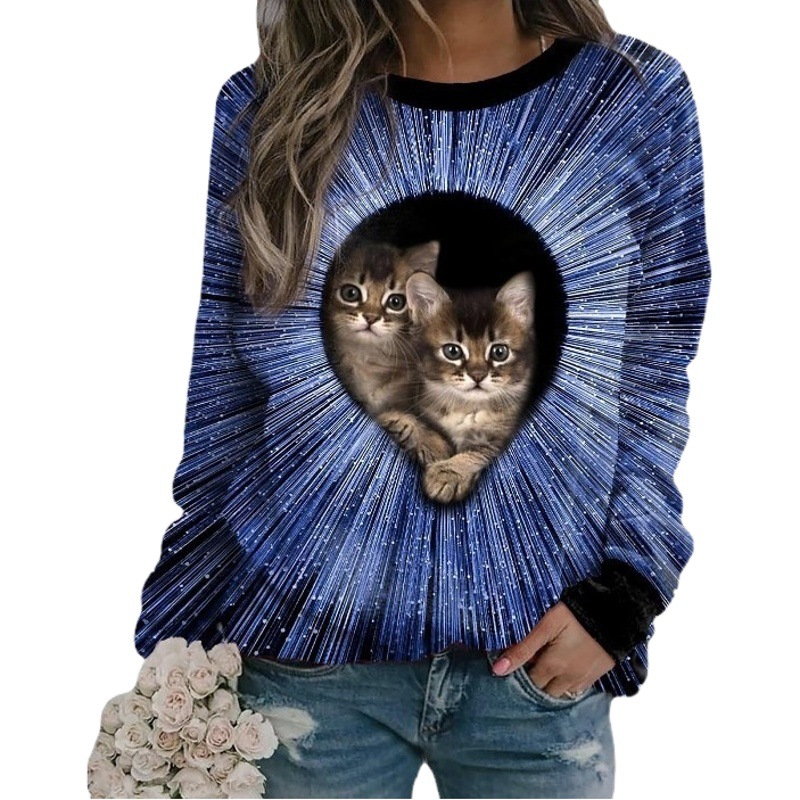 2023 primavera y otoño nuevo Amazon gato Delgado imprimir cuello redondo casual mujer europeo y americano suéter manga larga suéter