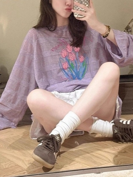 紫色印花圆领长袖休闲T恤女秋季韩系慵懒风外搭绝美减龄薄款上衣|undefined