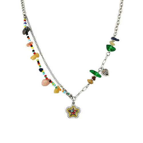 Childlike colorful flower smiley face necklace for women summer dopamine natural stone beaded high-end clavicle chain neck necklace