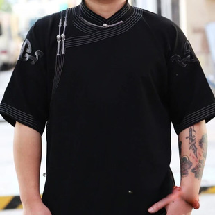Ancient Style 2025 Summer New Chinese Style Trendy Mongolian Element Short-Sleeved T-Shirt Men's Fashion Versatile Couple Style