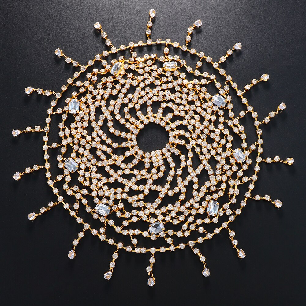 Tocado rhinestone caliente europeo y americano moda de las mujeres exagerada malla borla diadema de múltiples capas accesorios de la cadena del pelo Tocado