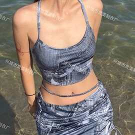 新款辣妹性感修身抹胸抽绳三件套包臀裙式分体泳衣女度假bikini