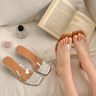 Internet Celebrous Transparent Fairy Style Square Thick Heel Slippers Women's Summer Outfit 2025 New High-end Sandals