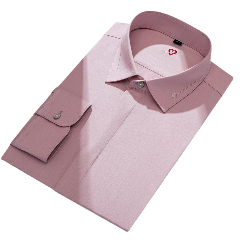 Camisa de boda bordada Love para hombre, camisa rosa de manga larga estilo coreano para negocios, informal y sencilla para hombre