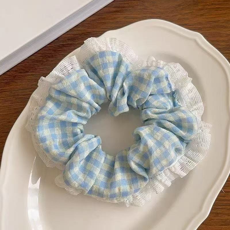 AL Hair Ring N o 19 - Lace Edge Plaid Blue