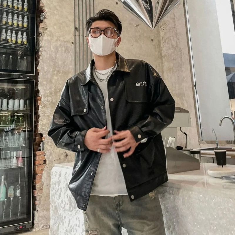 Trendy and Stylish Men's Leather Jacket Spring High Street Retro Biker Jacket Versatile Leather Jacket