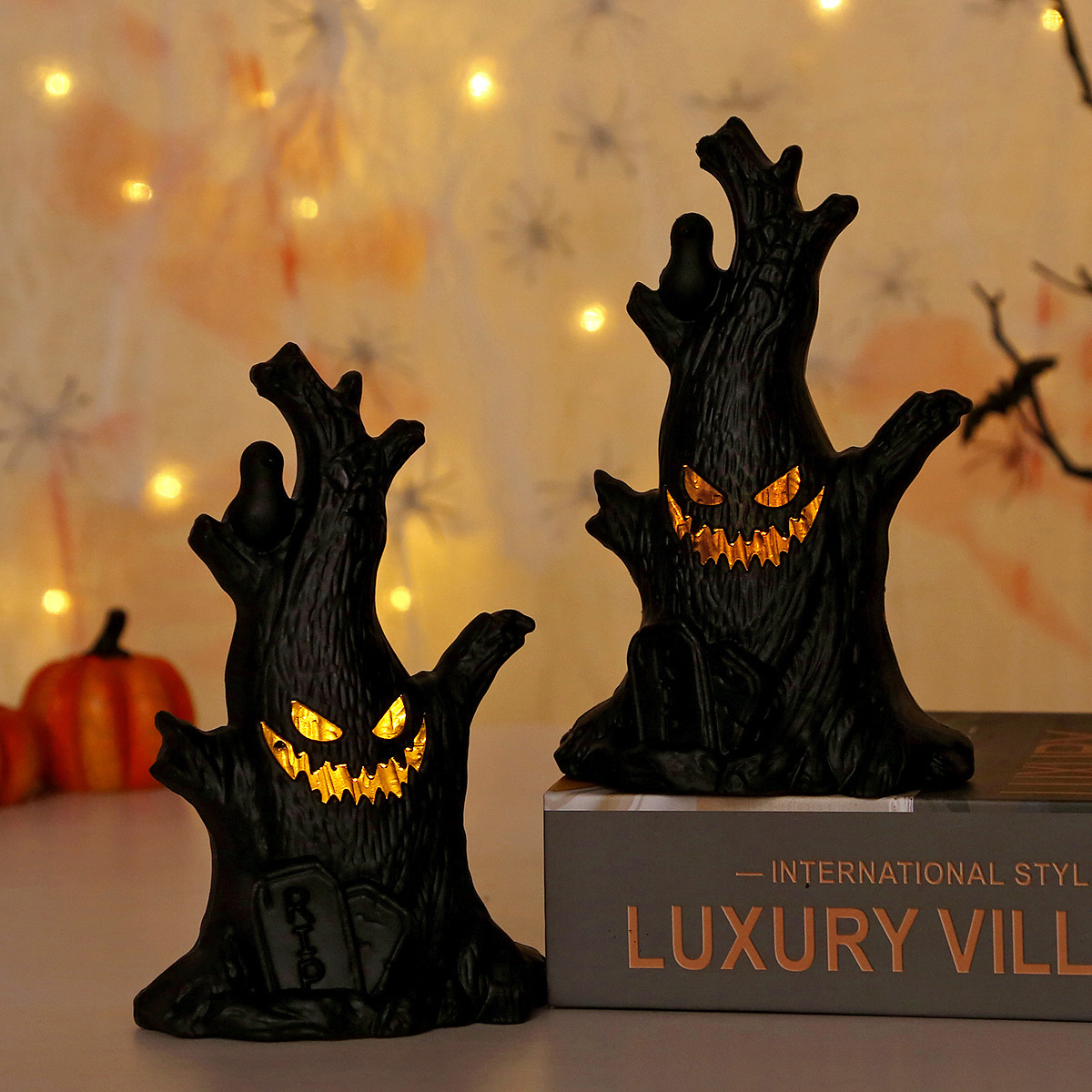 Transfronterizo venta caliente Halloween lámpara de calabaza fantasma decorativa mucosas de rostros LED vela electrónica diseño de props