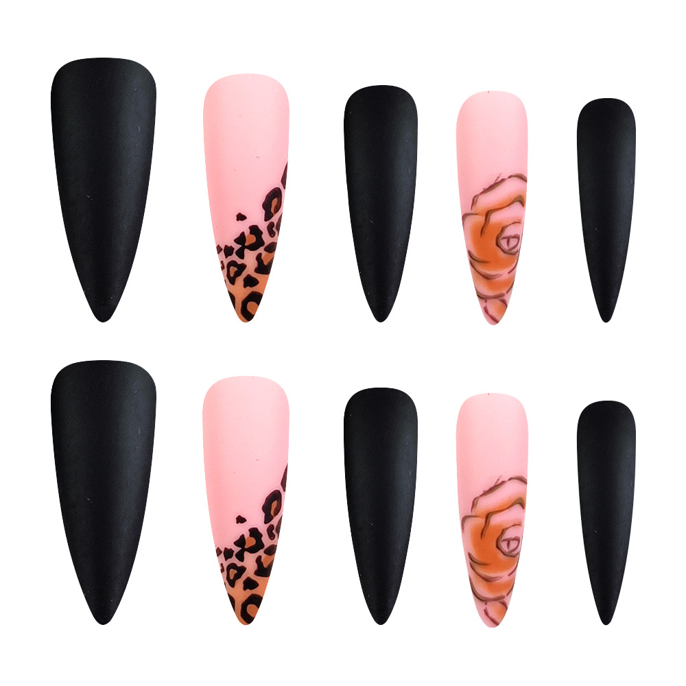 Comercio extranjero polvo negro esmerilado color contraste usar uñas de leopardo rosa manicure francesa 24 piezas de uñas falsas de estilo europeo y americano image 5