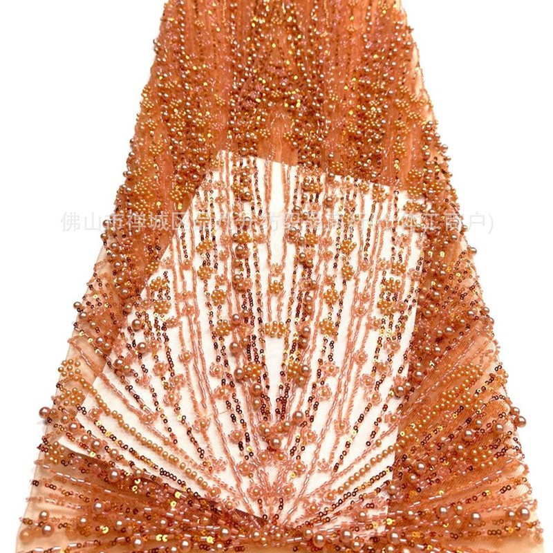 Radiante ventilador tubo perla tela de malla de perla retrógrada mano perla tela de boda de cola de pez en stock
