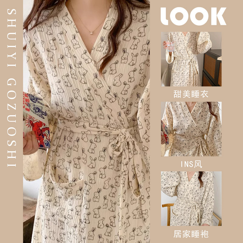 Cartoon Sweet Cute Rabbit Nightgown Bathrobe Pajamas Women's 2025 Spring and Autumn Long Sleeve Home Clothes Summer