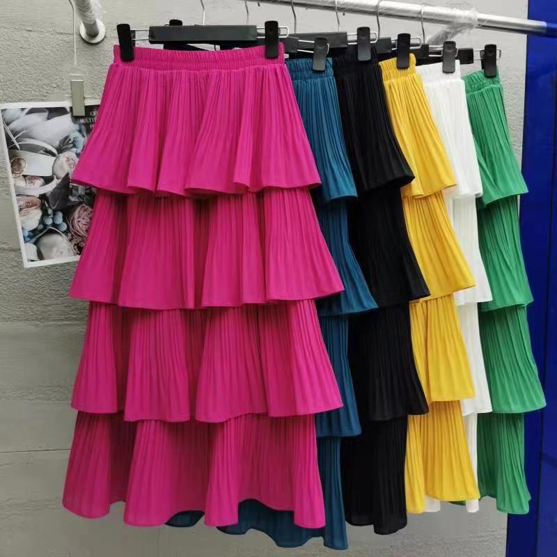 2024 new junior high waist slimming floor-length dress multi-layer cake stitching big swing A- line skirt women's skirt