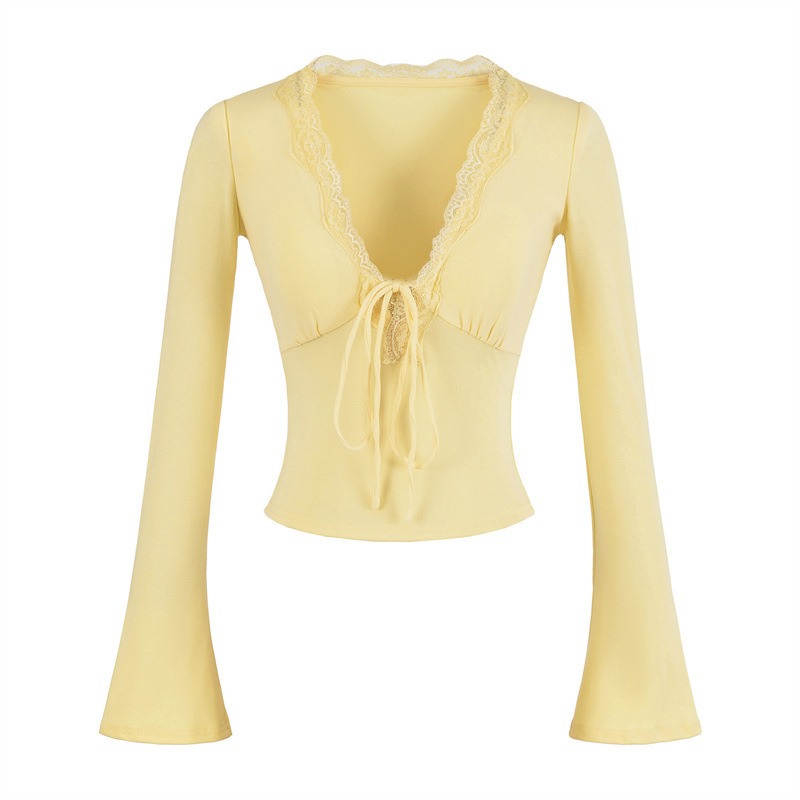 American Royal Sister Style Sexy Deep V Neck Top with Lace Short Lace-Up Bell Sleeves Slim Bottoming Shirt T-Shirt