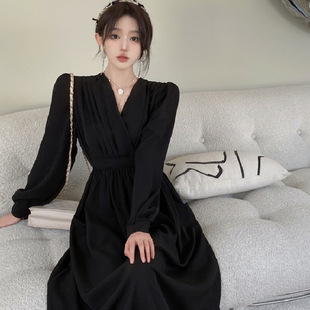 New Collar Waist Slimming Light Mature Style Elegant dress South Korea Long Sleeve Collar Slimming Solid Color City Style Dress
