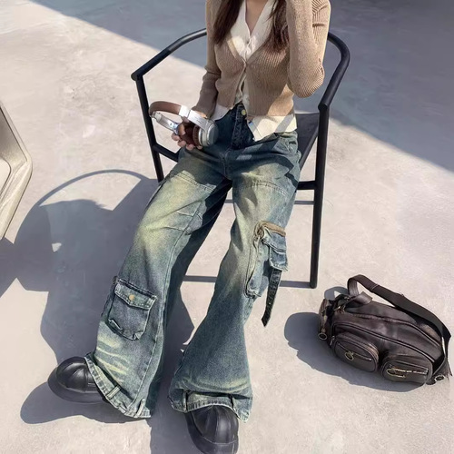 Cross-border American retro high street multi-pocket workwear jeans for women Y2K street straight leg wide-leg floor-length pants