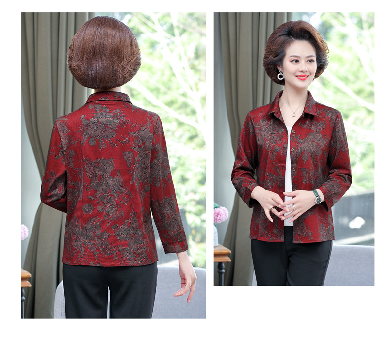印花女士衬衫长袖妈妈装开衫