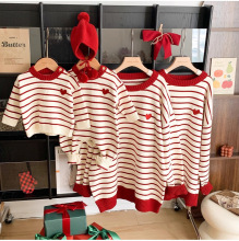 现货亲子装毛衣2025秋冬新款条纹针织衫一家三口过年装小月龄爬服