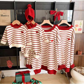 现货亲子装毛衣2025秋冬新款条纹针织衫一家三口过年装小月龄爬服