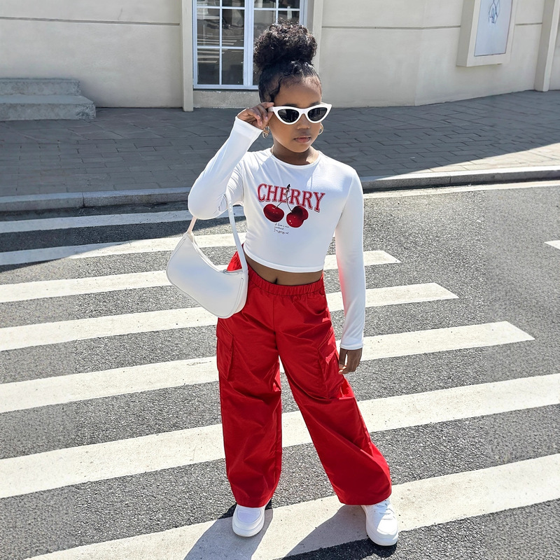 Foreign Trade Girls Casual Knitted Crew Neck Printed Long Sleeve Top and Woven Overalls Set, Daily Wear