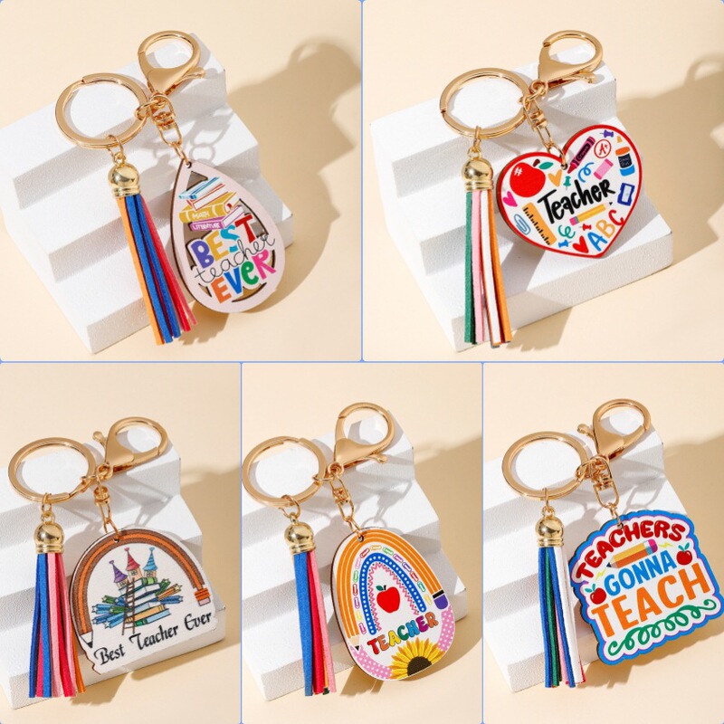 Cross-border hot selling popular rainbow wooden card Tassel Keychain pendant creative pencil love Teacher's Day small gift