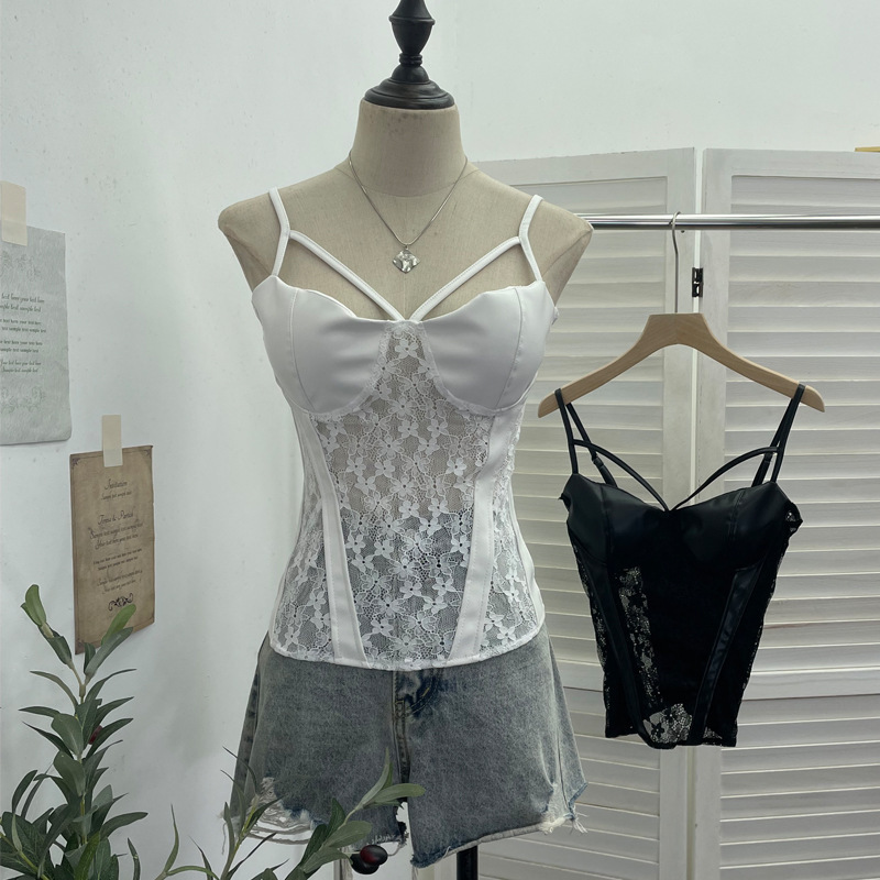 Real Shot of American Hot Girl Lace Pu Leather Splicing with Breast Pads See-Through Camisole Back Wrap Top 1375