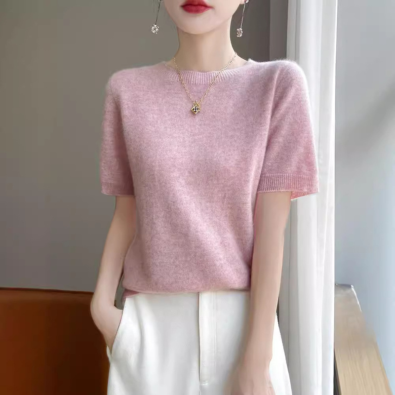 Spring and Autumn New First-Line Readymade Round-Neck Short-Sleeved Fine Imitation Wool Skin-Friendly Velvet Women's Top Inner Wearing Outer Wearing Knitted Sweater Spring and Autumn New First-Line Readymade Round-Neck Short-Sleeved Fine Imitation Wool Skin-Friendly Velvet Women's Top Inner Wearing Outer Wearing Knitted Sweater