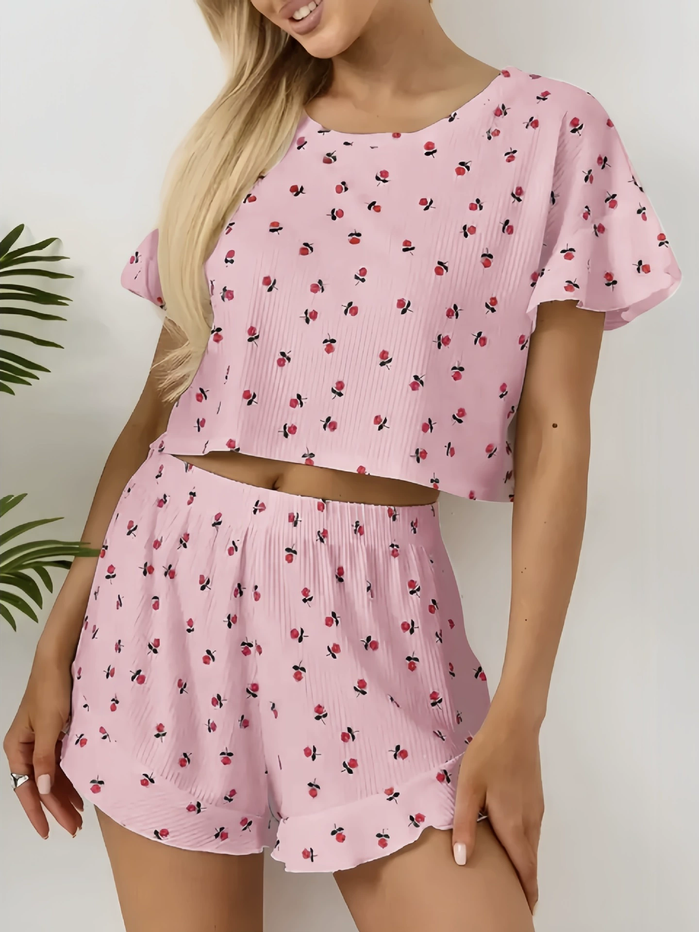 Spring set, shorts, trousers, pijama, European style, (Cross-border trading), floral print, round collar, with short sleeve