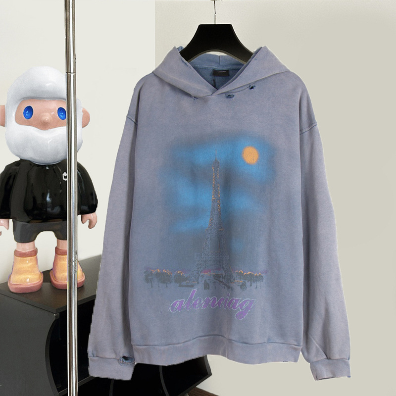 Paris Correct Version B Home Washed Old Tower Digital Direct Injection Hooded Sweatshirt for Men and Women Same High Version B Fashion Brand